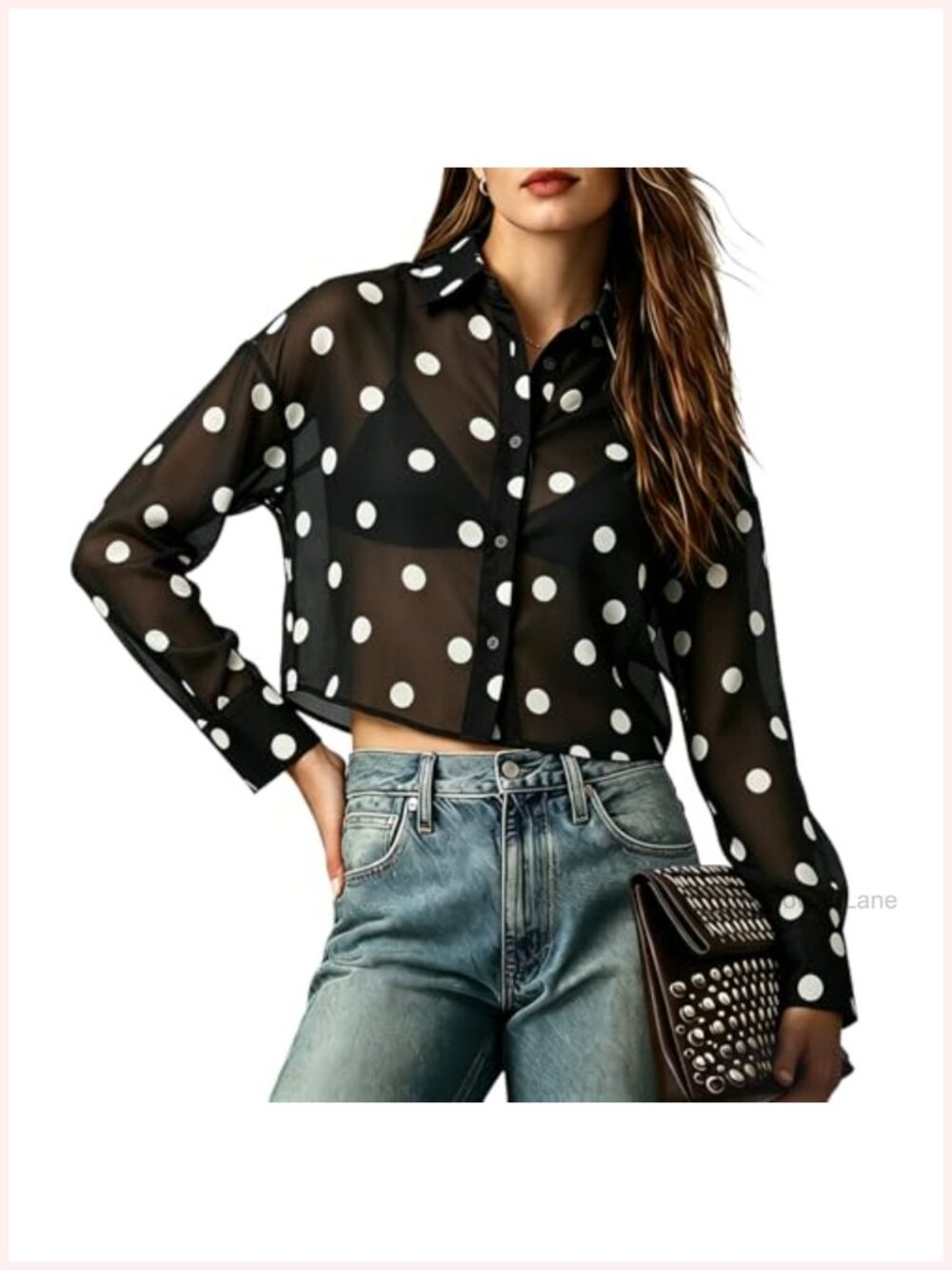 Sheer Mesh Button Down Crop Top Long Sleeve Blouse for Women
